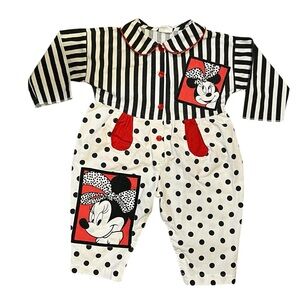 Vintage Disney Kids Minnie Mouse Striped Cotton Romper Age 18 Months Black White